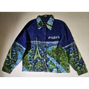 Artscapes Shirt Women's Small Blue Paris Watercolor Button Art To Wear Vintage